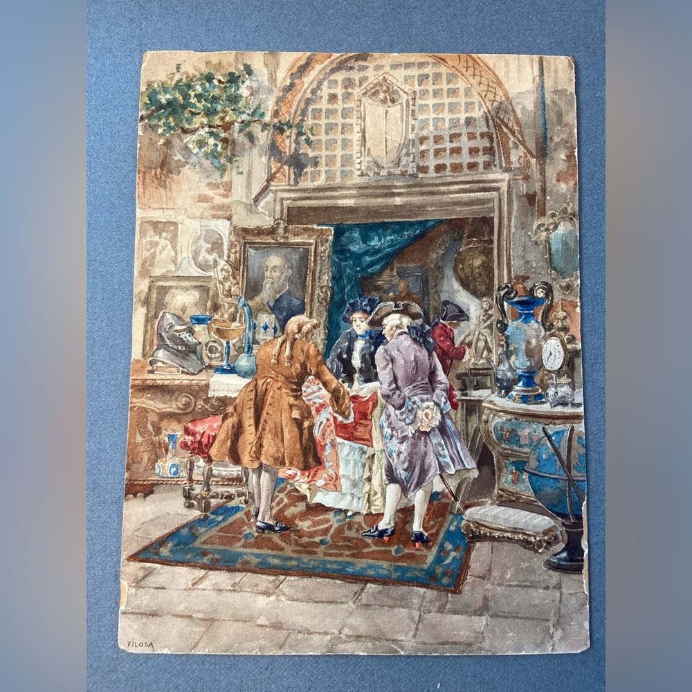Vintage Watercolor Interior Scene Signed Filosa